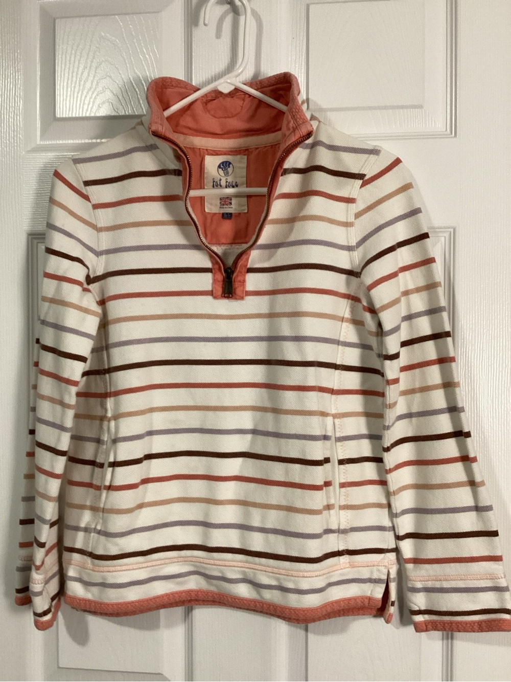 Fat Face Thick Pique Zip-Up Hooded Sailing/Golf Pullover in Coral & Cream
